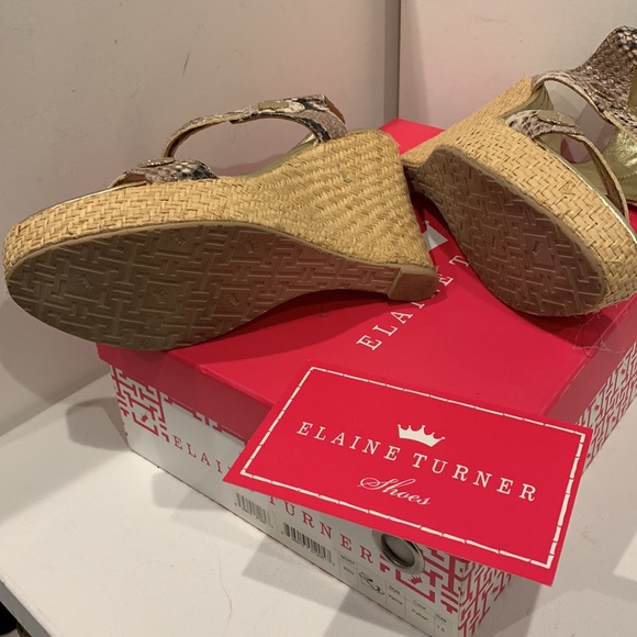 NWB 👑 Elaine Turner Kelcie Leather Raffia Wedge Platform Sandal Tan Gold Black - Picture 9 of 15